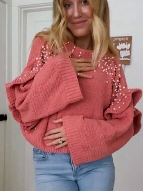 Women's Coral Pearl-Embellished Knit Sweater shop stevie large